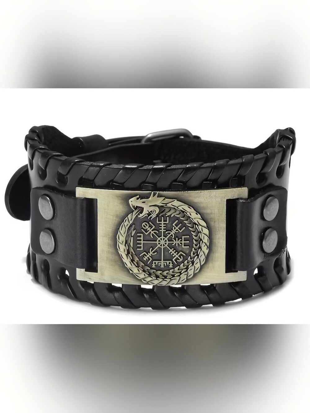 Black Braided Leather Men's Viking Dragon Bracelet, Orobouros, Bronze - Picture 3 of 3
